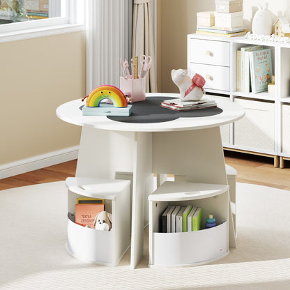 Kids Round Table & 4 Storage Stools Set with Blackboard | White