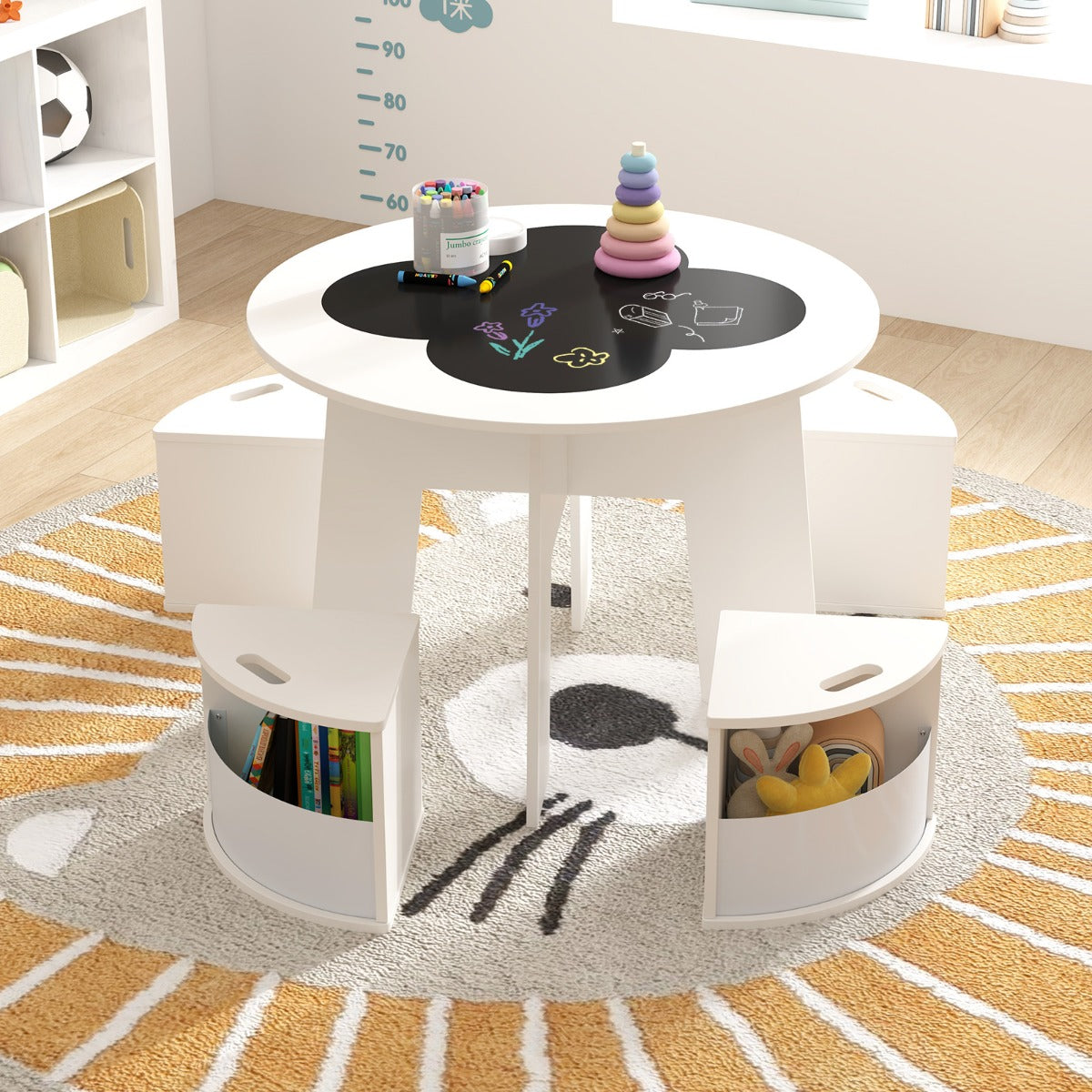 Kids Round Table & 4 Storage Stools Set with Blackboard | White