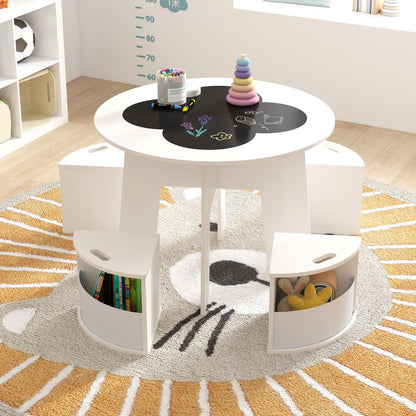 Kids Round Table & 4 Storage Stools Set with Blackboard | White