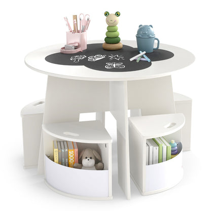 Kids Round Table & 4 Storage Stools Set with Blackboard | White