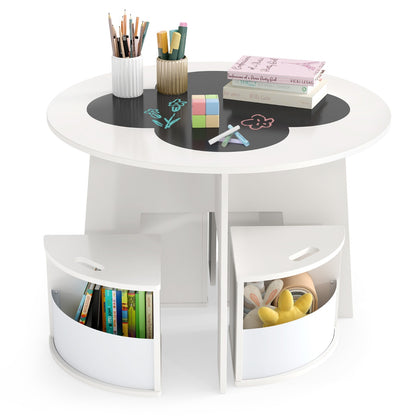 Kids Round Table & 4 Storage Stools Set with Blackboard | White