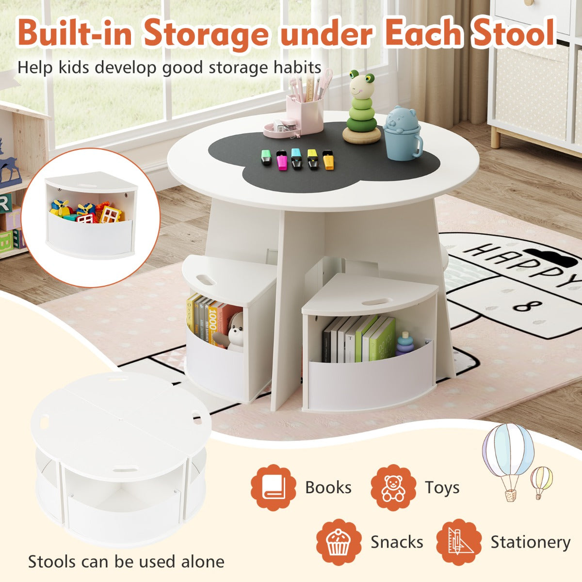 Kids Round Table & 4 Storage Stools Set with Blackboard | White