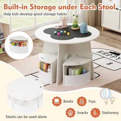 Kids Round Table & 4 Storage Stools Set with Blackboard | White
