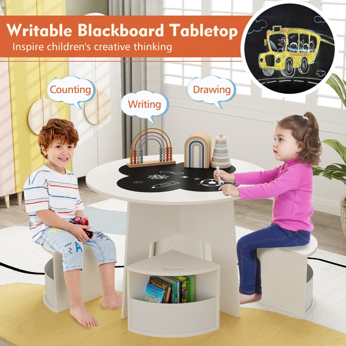 Kids Round Table & 4 Storage Stools Set with Blackboard | White