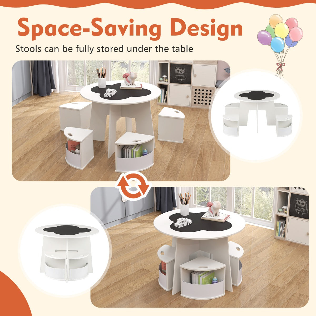 Kids Round Table & 4 Storage Stools Set with Blackboard | White