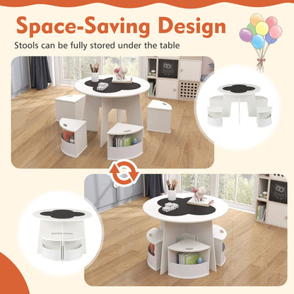 Kids Round Table & 4 Storage Stools Set with Blackboard | White