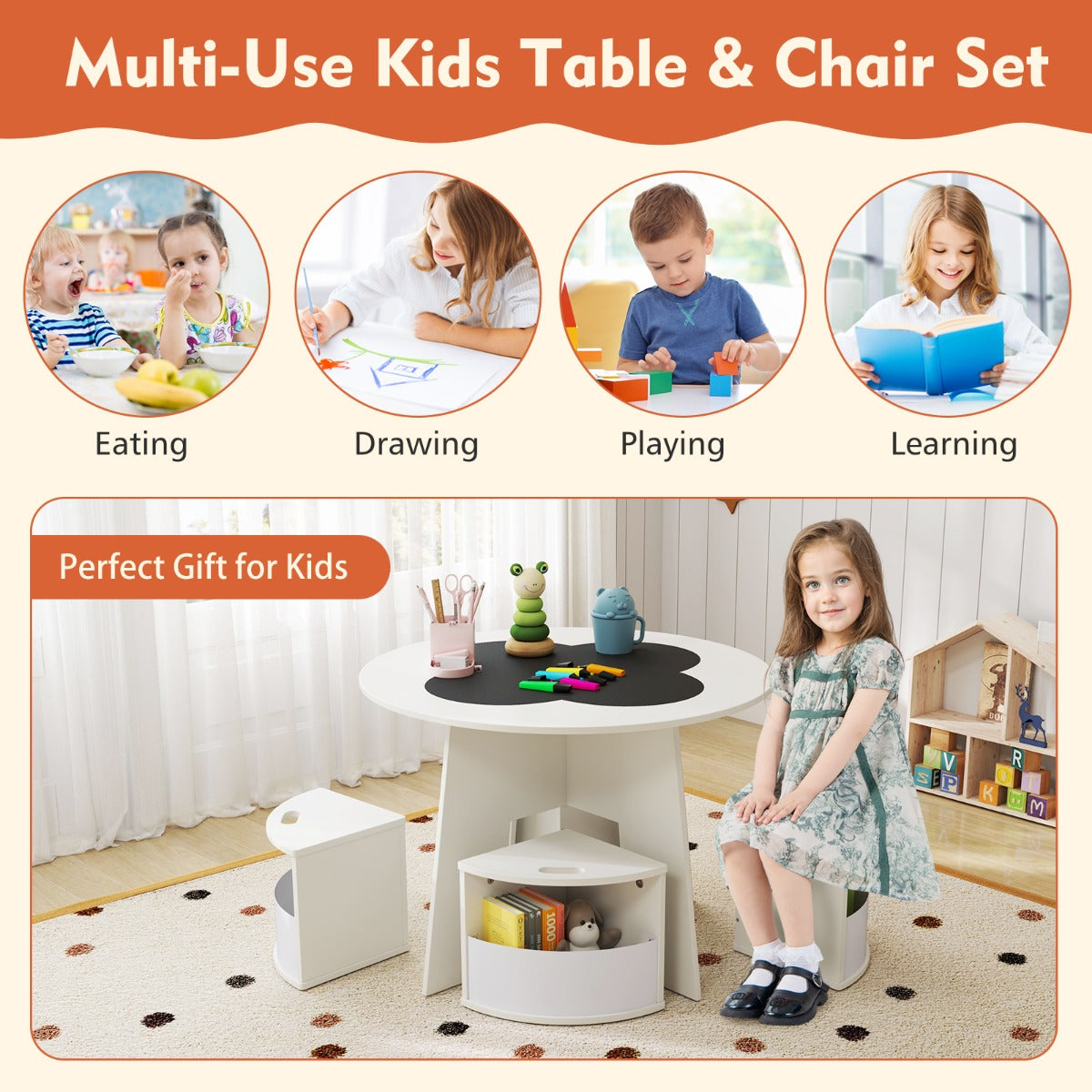 Kids Round Table & 4 Storage Stools Set with Blackboard | White