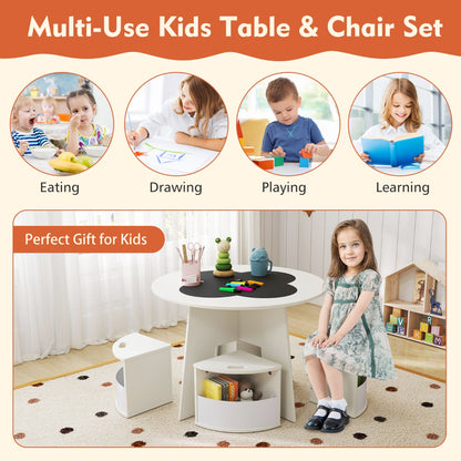 Kids Round Table & 4 Storage Stools Set with Blackboard | White