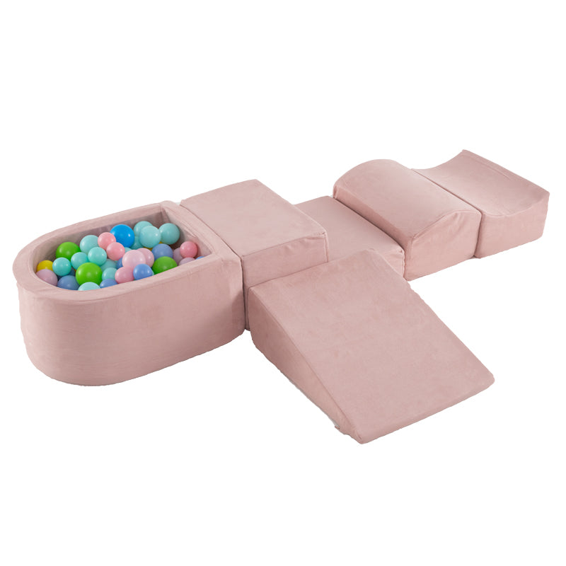 5 piece soft climbing block set with ball pit in playful pink for kids indoor fun.