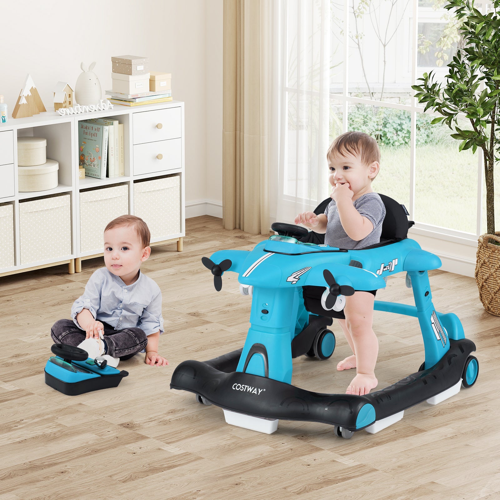 Costway 6-in-1 Baby Walker Foldable with Adjustable Height Music Lights for 6-18 Months-Blue