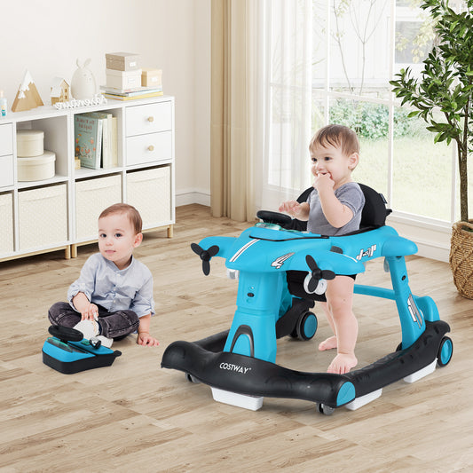 Costway 6-in-1 Baby Walker Foldable with Adjustable Height Music Lights for 6-18 Months-Blue