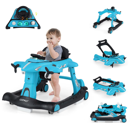 6 In 1 Blue Baby Walker | Foldable Adjustable Height Music Lights