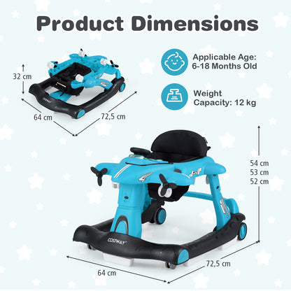6 In 1 Blue Baby Walker | Foldable Adjustable Height Music Lights
