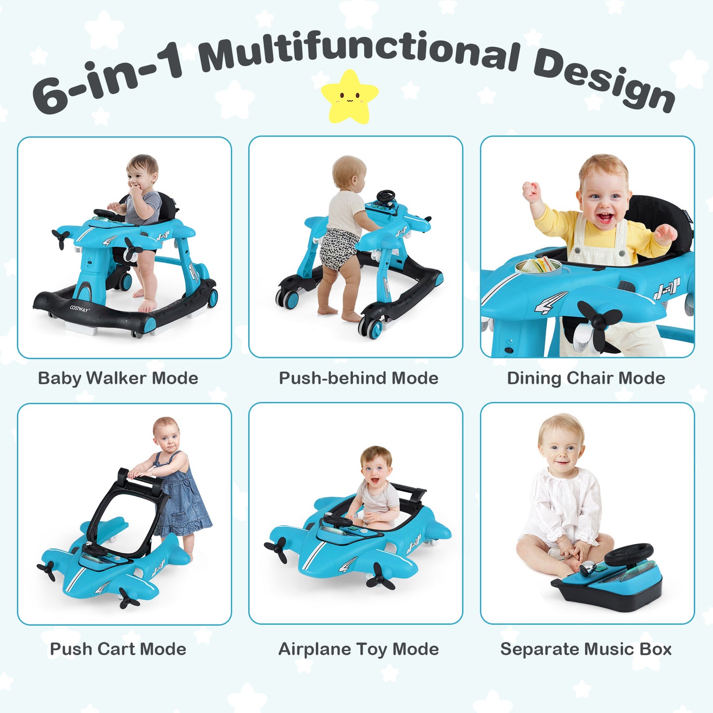 6 In 1 Blue Baby Walker | Foldable Adjustable Height Music Lights