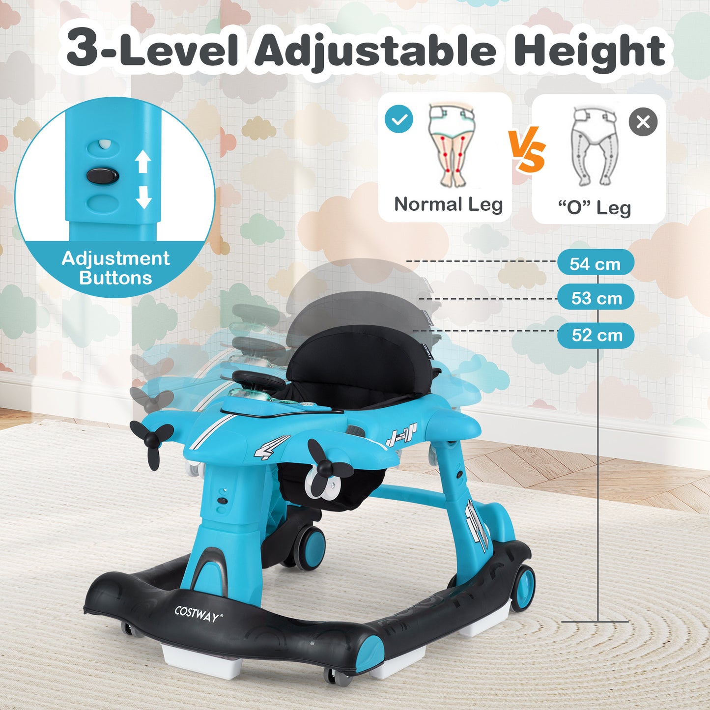 6 In 1 Blue Baby Walker | Foldable Adjustable Height Music Lights