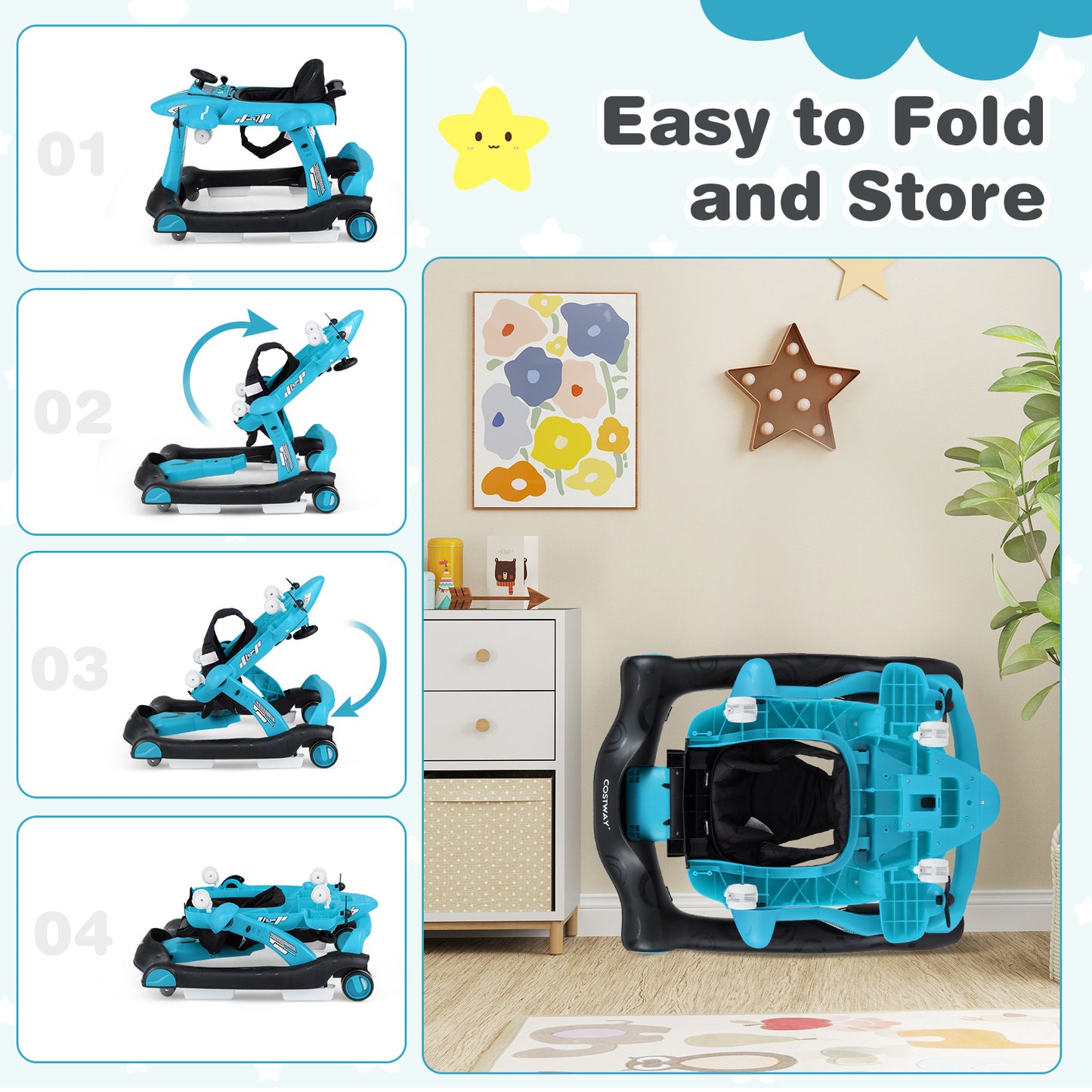 6 In 1 Blue Baby Walker | Foldable Adjustable Height Music Lights