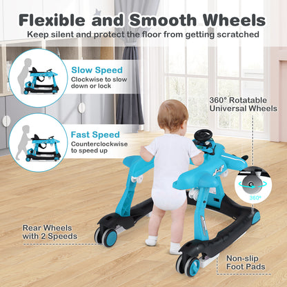 6 In 1 Blue Baby Walker | Foldable Adjustable Height Music Lights
