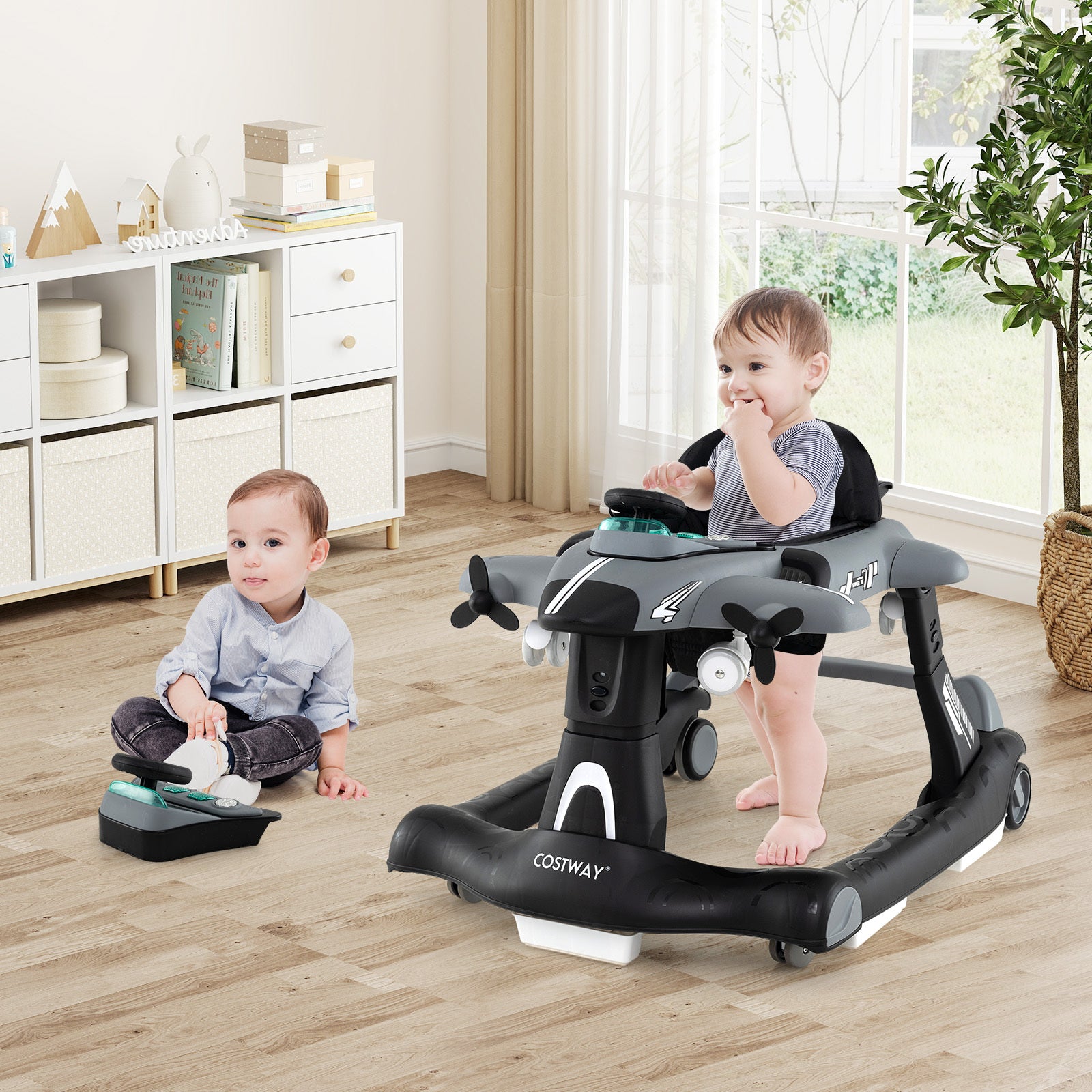 Costway 6-in-1 Baby Walker Foldable with Adjustable Height Music Lights for 6-18 Months-Grey