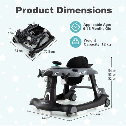 Grey 6-in-1 Baby Walker | Foldable Adjustable Height Music Lights