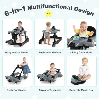 Grey 6-in-1 Baby Walker | Foldable Adjustable Height Music Lights