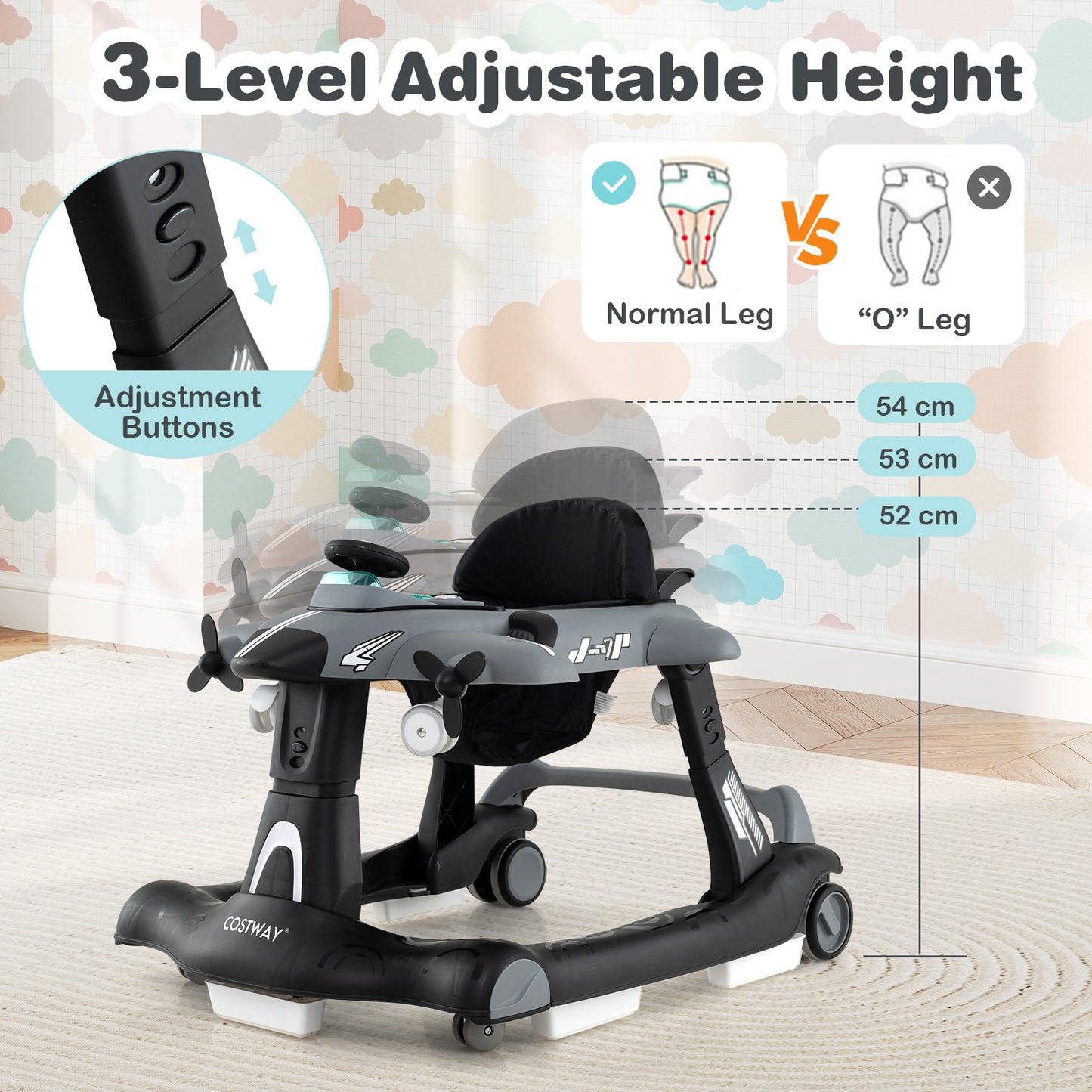 Grey 6-in-1 Baby Walker | Foldable Adjustable Height Music Lights