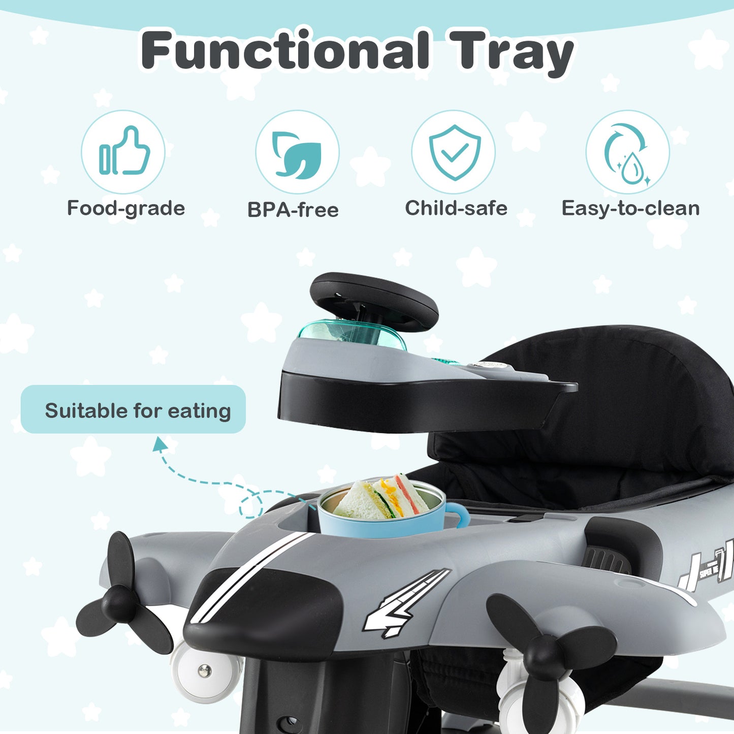 Grey 6-in-1 Baby Walker | Foldable Adjustable Height Music Lights