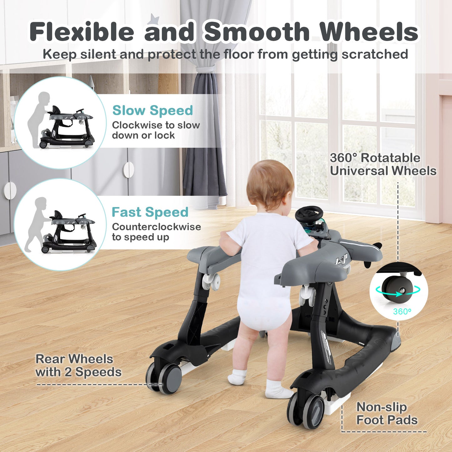 Grey 6-in-1 Baby Walker | Foldable Adjustable Height Music Lights