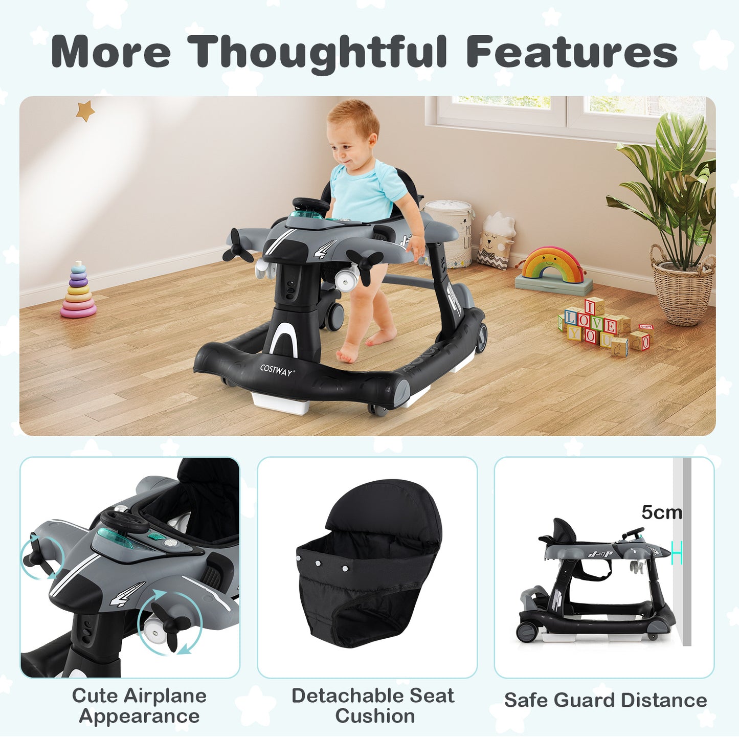 Grey 6-in-1 Baby Walker | Foldable Adjustable Height Music Lights