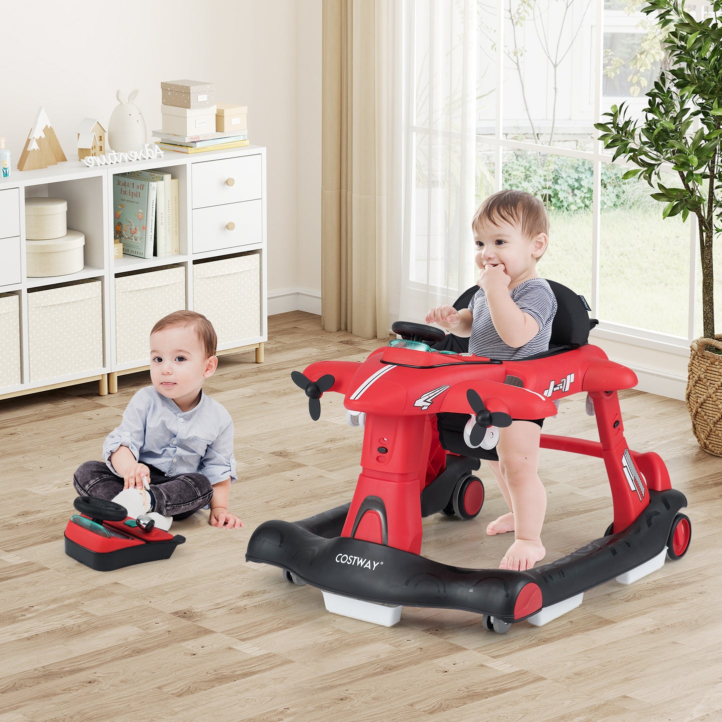 Costway 6-in-1 Baby Walker Foldable with Adjustable Height Music Lights for 6-18 Months-Red