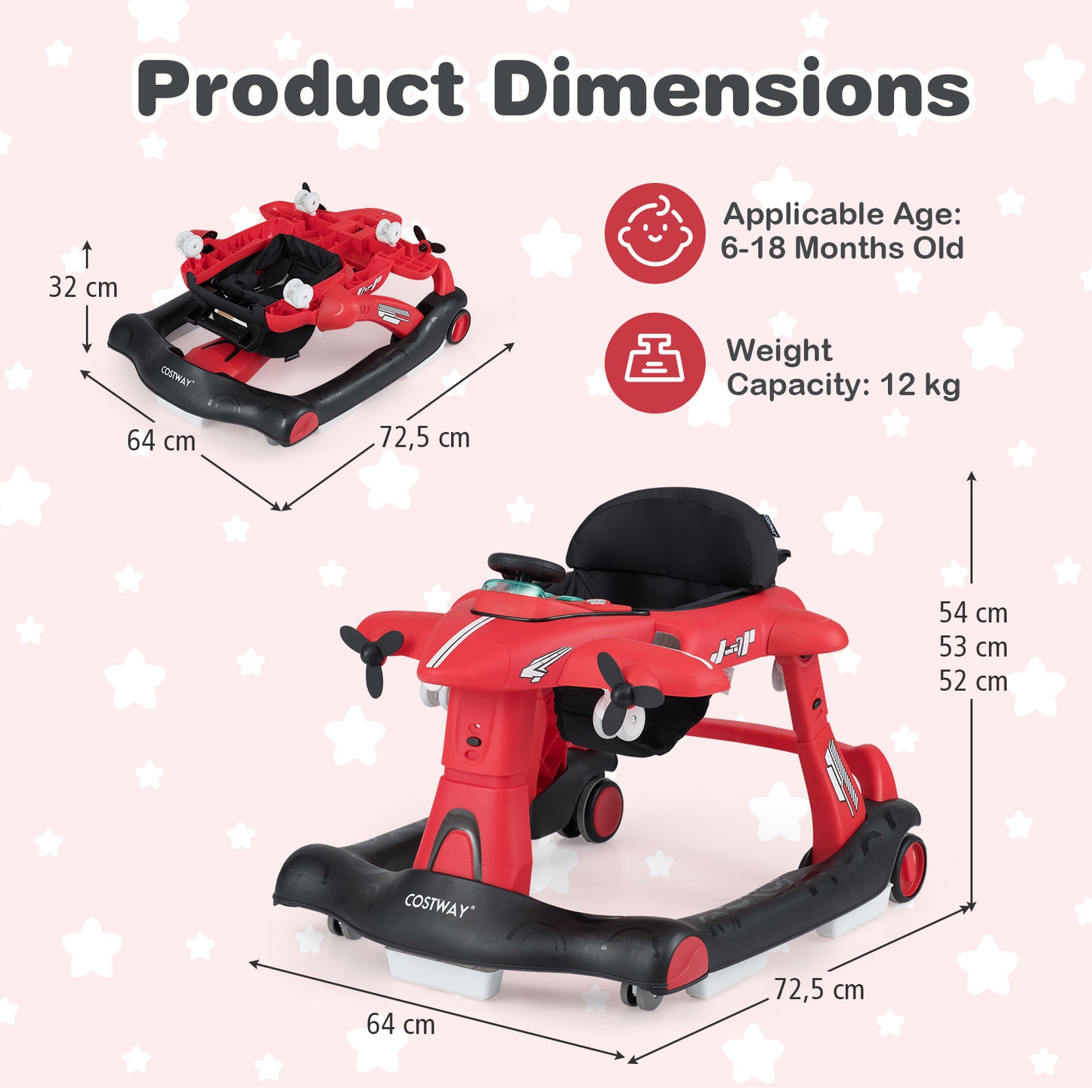 6 In 1 Red Baby Walker | Foldable Adjustable Height Music Lights