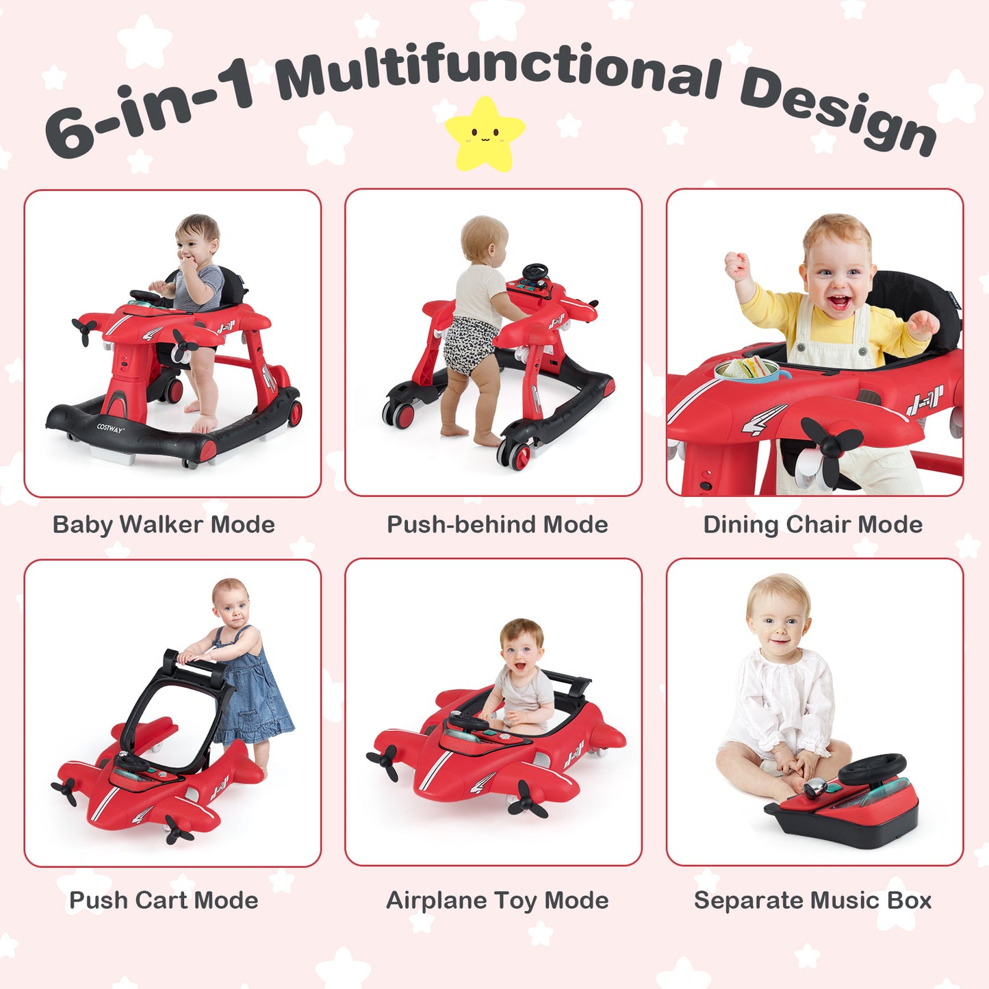 6 In 1 Red Baby Walker | Foldable Adjustable Height Music Lights