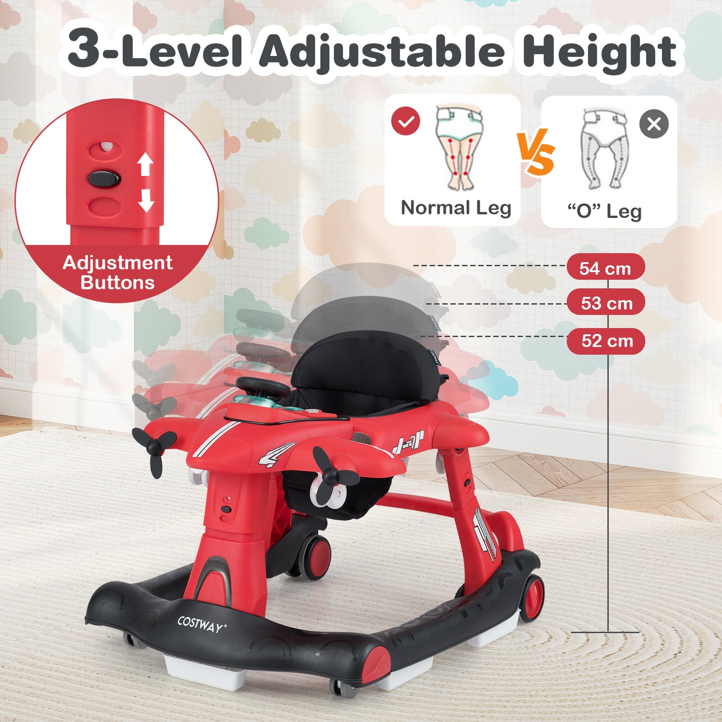 6 In 1 Red Baby Walker | Foldable Adjustable Height Music Lights