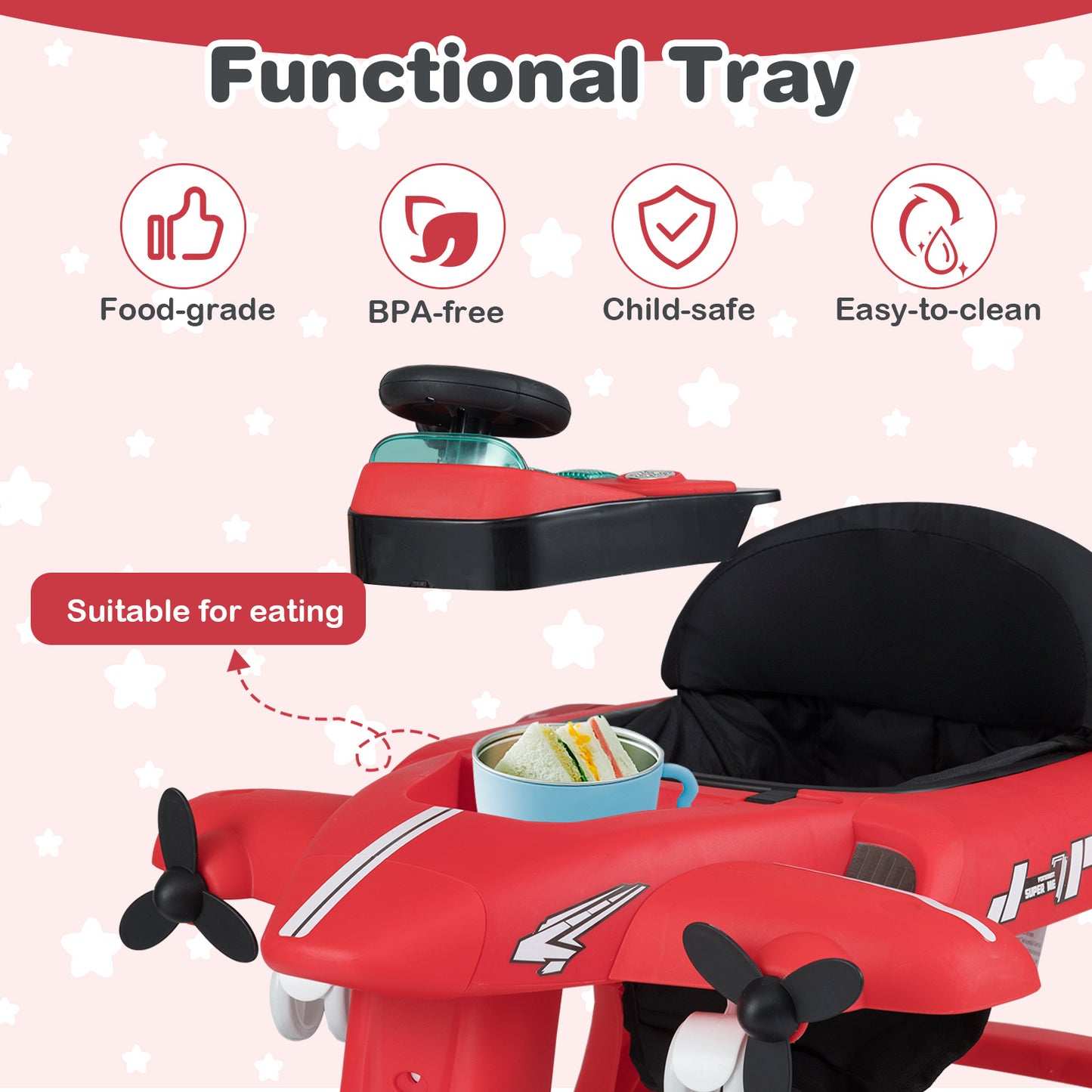 6 In 1 Red Baby Walker | Foldable Adjustable Height Music Lights