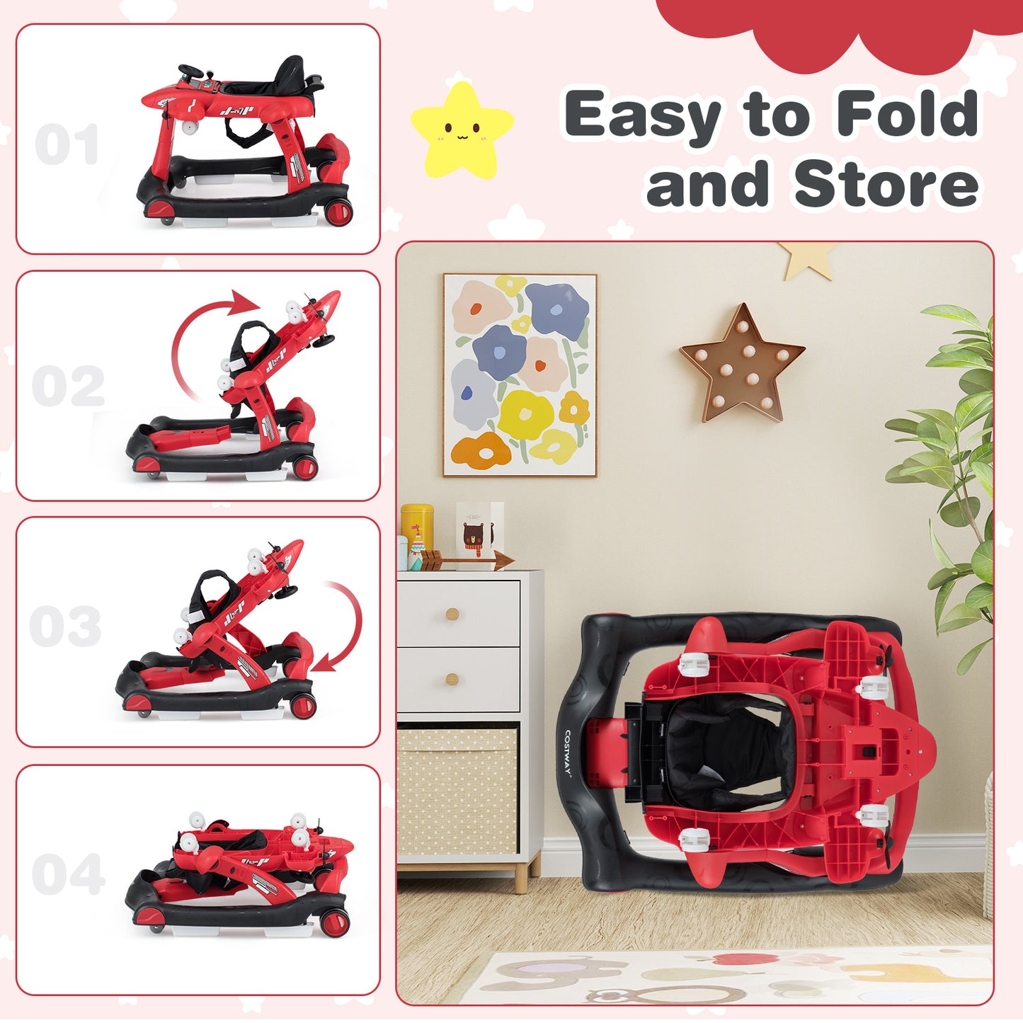 6 In 1 Red Baby Walker | Foldable Adjustable Height Music Lights