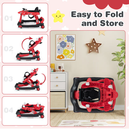 6 In 1 Red Baby Walker | Foldable Adjustable Height Music Lights