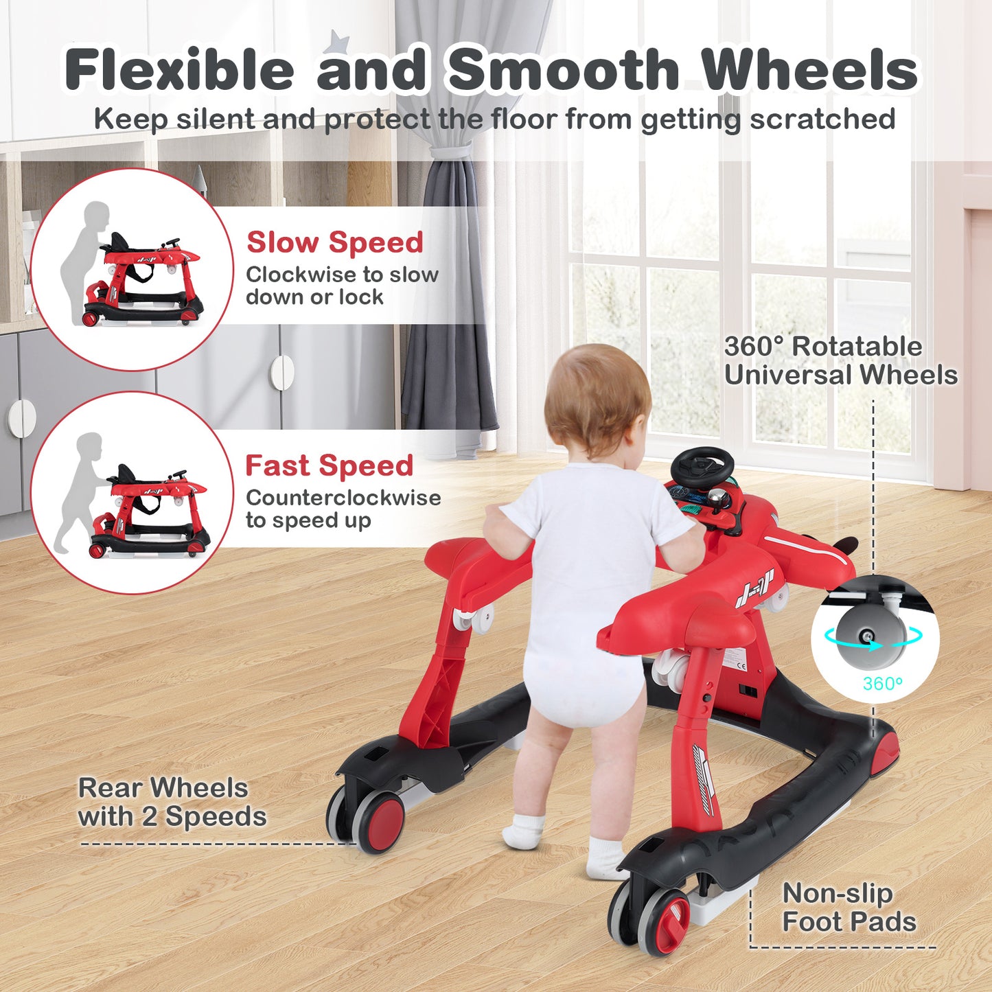 6 In 1 Red Baby Walker | Foldable Adjustable Height Music Lights