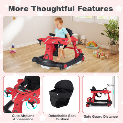 6 In 1 Red Baby Walker | Foldable Adjustable Height Music Lights