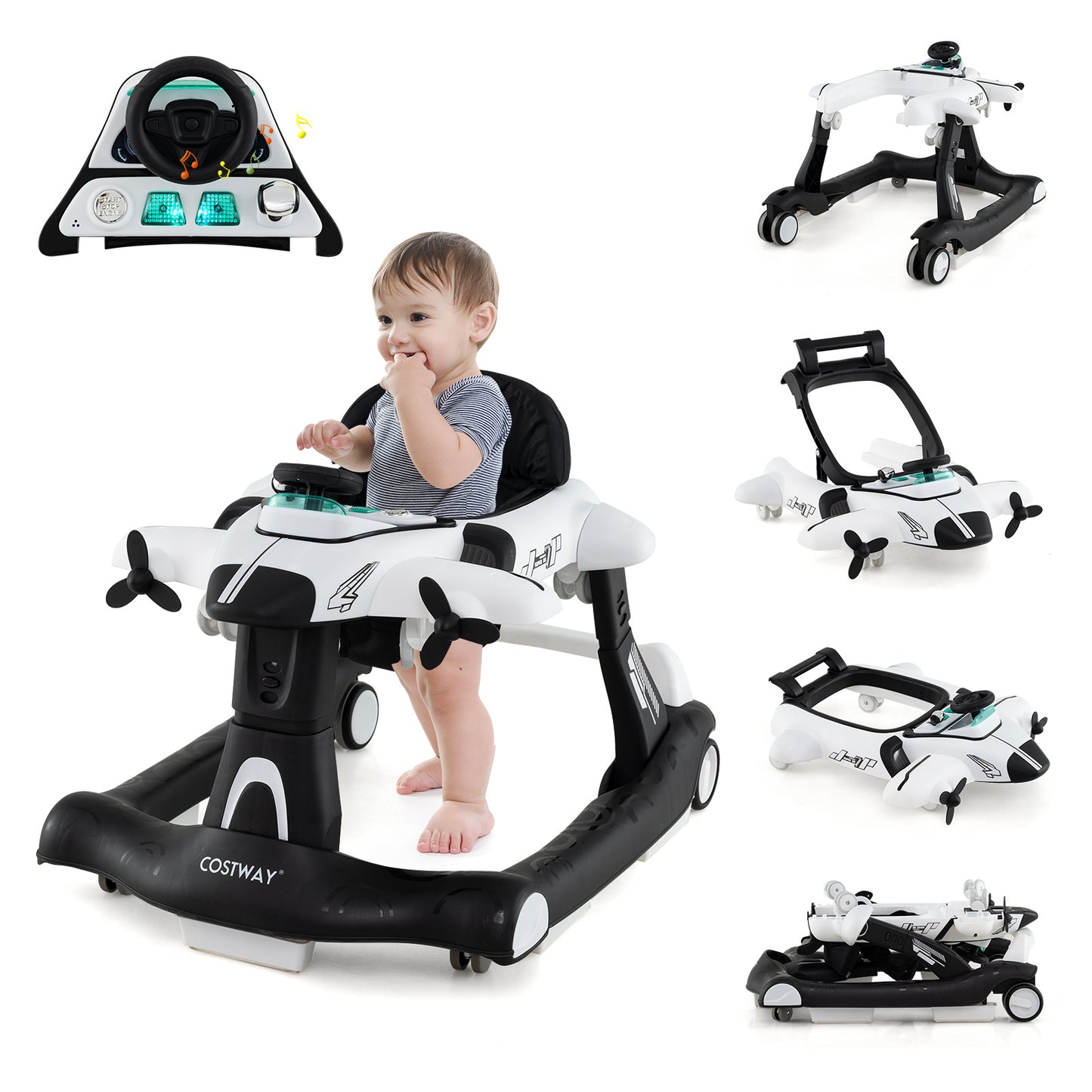 6 In 1 Foldable Baby Walker | Music Lights Adjustable Height White