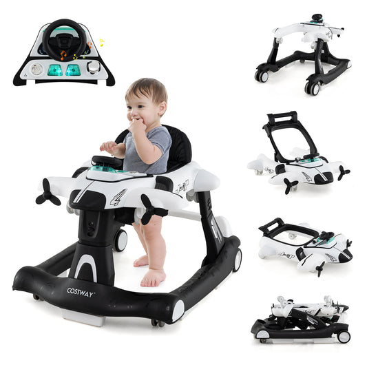 6 In 1 Foldable Baby Walker | Music Lights Adjustable Height White