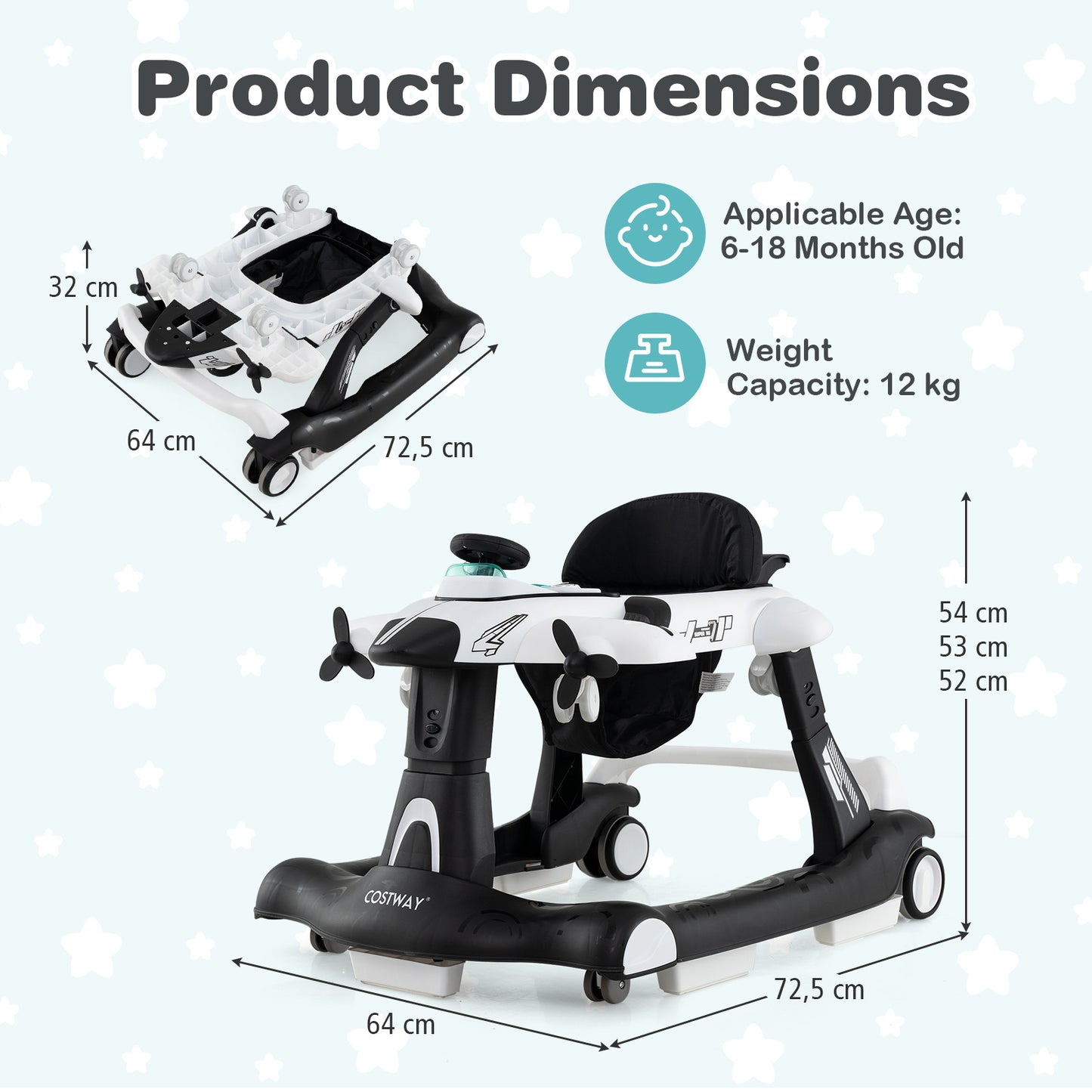 6 In 1 Foldable Baby Walker | Music Lights Adjustable Height White