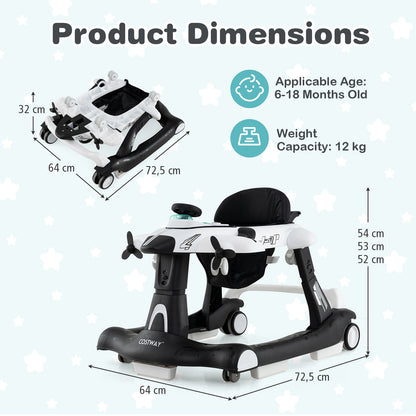 6 In 1 Foldable Baby Walker | Music Lights Adjustable Height White
