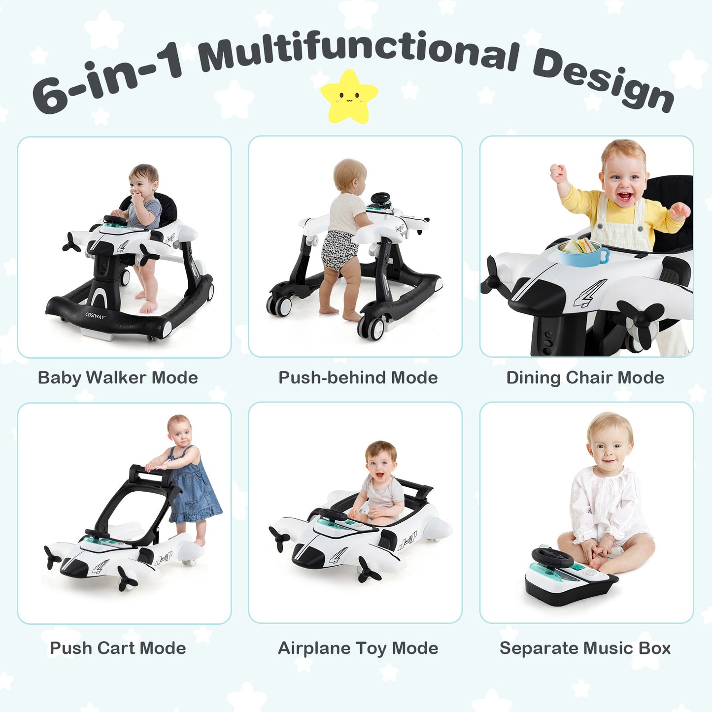 6 In 1 Foldable Baby Walker | Music Lights Adjustable Height White