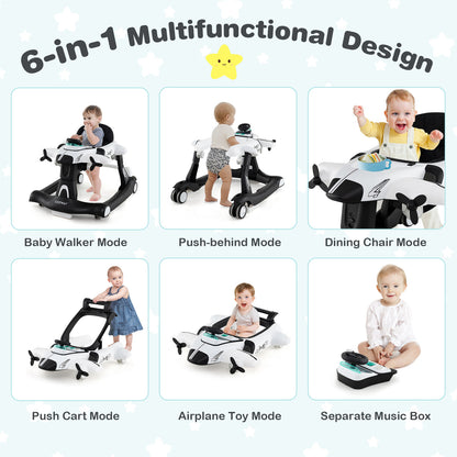 6 In 1 Foldable Baby Walker | Music Lights Adjustable Height White