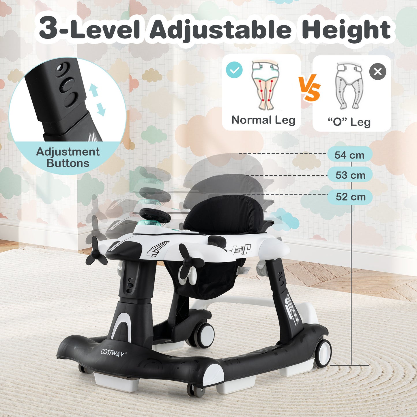 6 In 1 Foldable Baby Walker | Music Lights Adjustable Height White