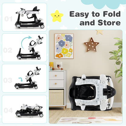 6 In 1 Foldable Baby Walker | Music Lights Adjustable Height White