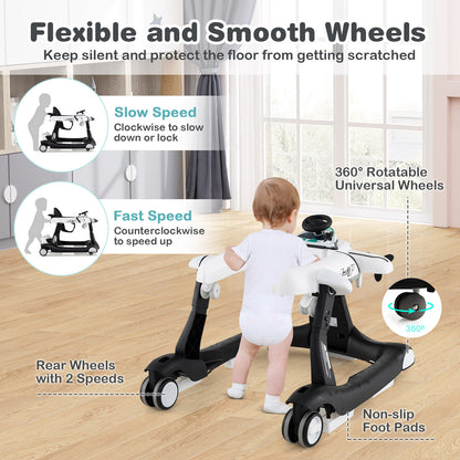 6 In 1 Foldable Baby Walker | Music Lights Adjustable Height White
