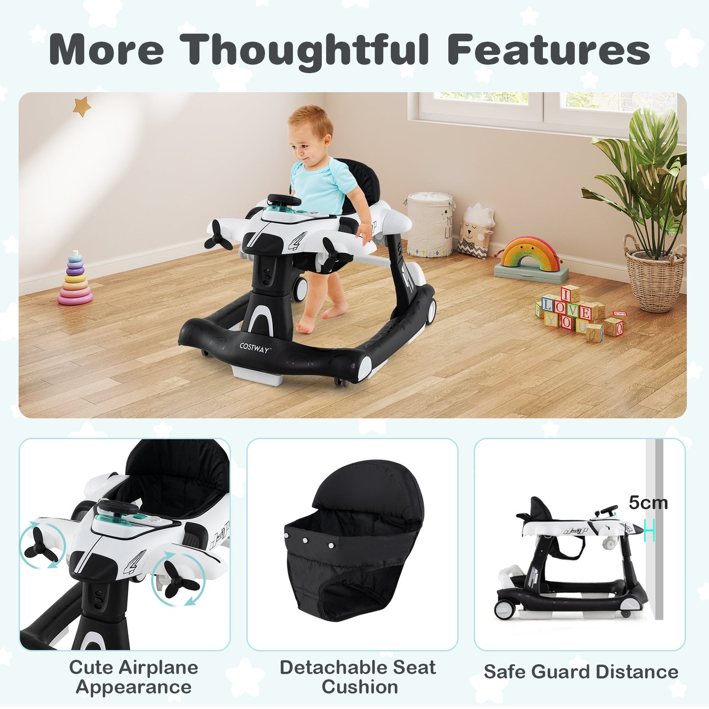 6 In 1 Foldable Baby Walker | Music Lights Adjustable Height White