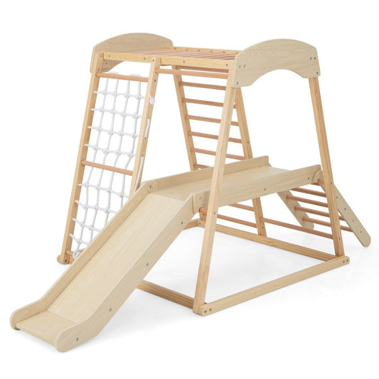 Wooden indoor jungle gym playset with 6 activities for toddlers and kids home play.