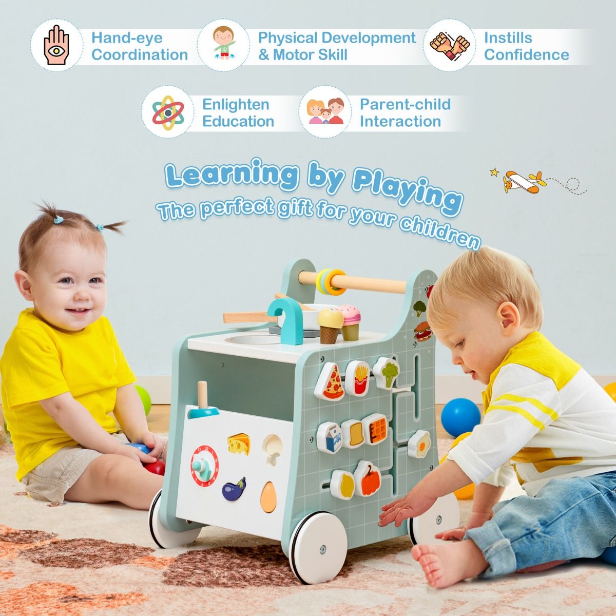 blue walker combines push-pull mobility with interactive play kitchen, enhancing motor skills and.