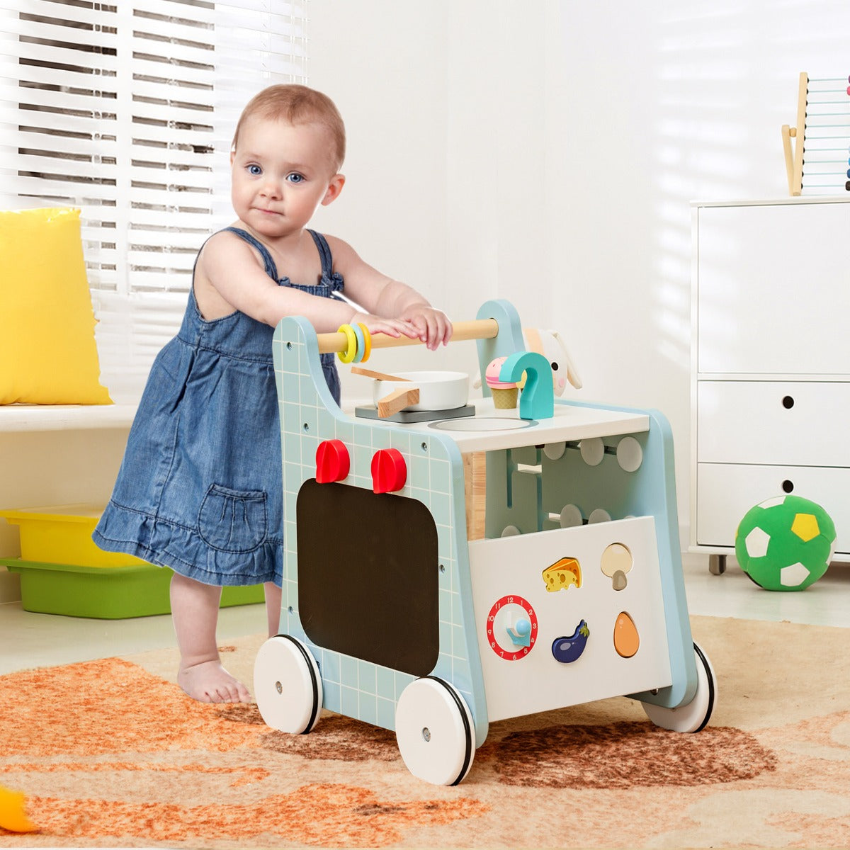 blue toddler walker combines push-pull mobility with interactive play kitchen for developmental fun and.